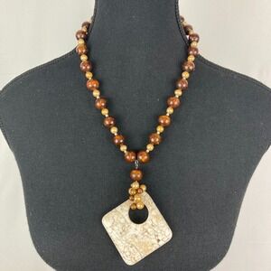 Vintage Howlite Stone Statement Necklace Boho Large Square Pendant Wood & Pearl